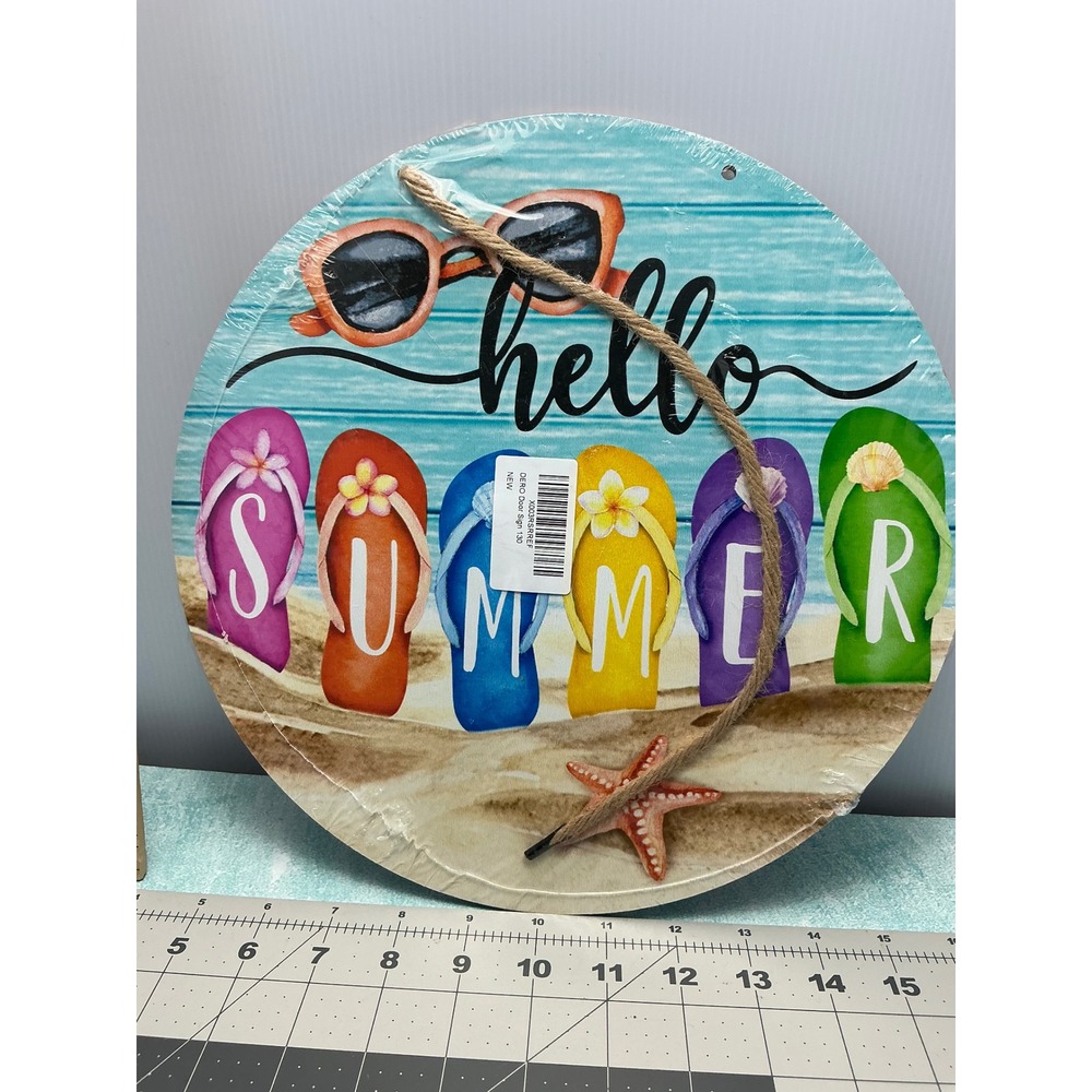 Round Hello Summer Flip Flop Beach Sun Art Wood Sign Wall Decor